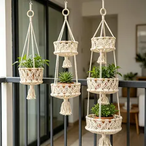 Macrame Bohemian Style Decorative Storage Net Bag, Three Layers Kitchen Hanging Organizer, Garden Plant Hanger, Home Decoration