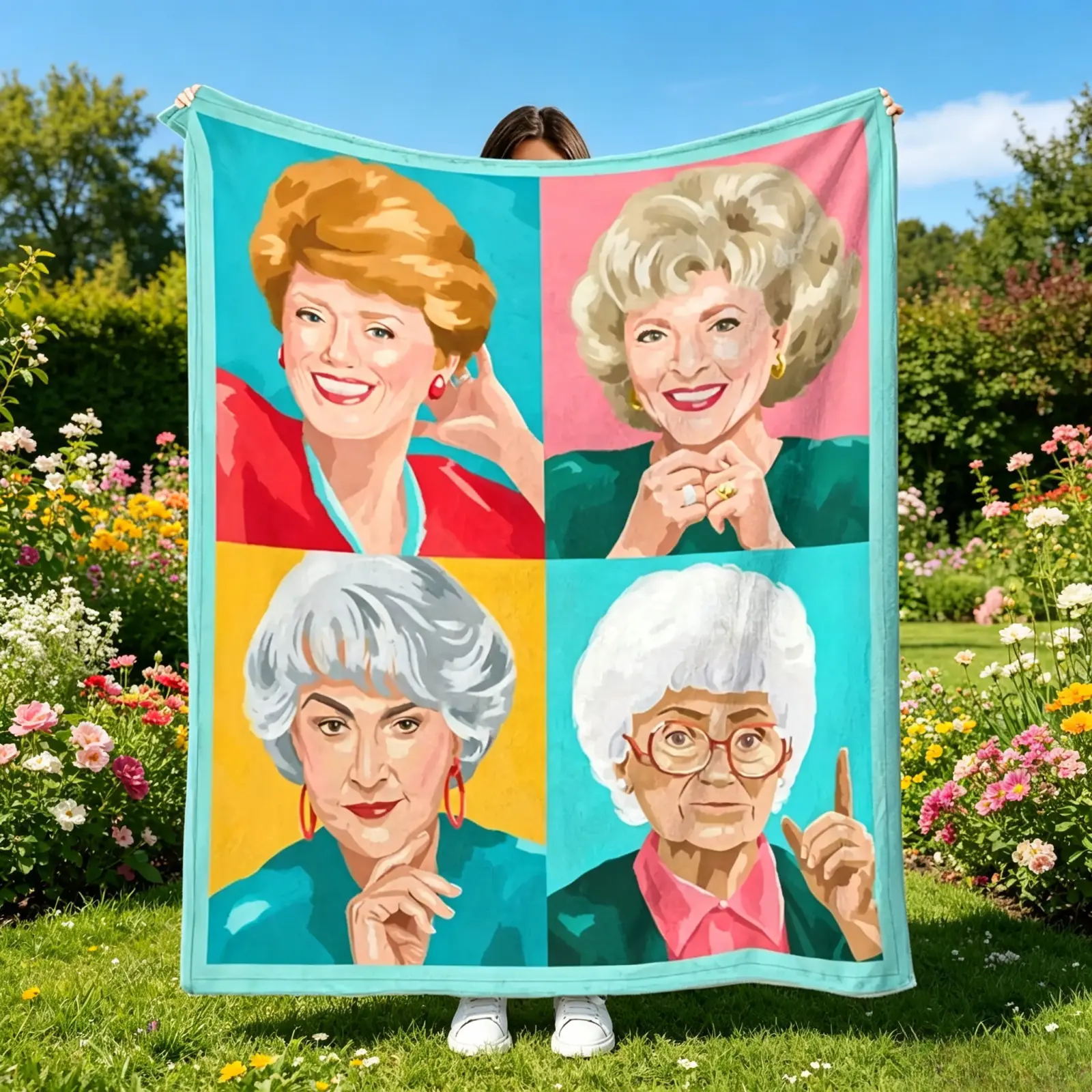Vintage Classic Female Sitcom 4-Character Grid Watercolour Flannel Throw Blanket - Breathable All-Seasons Bedding, Iconic Retro TV Show Art, Cozy Setup for Watch Party, Snug as a Bug in a Rug Gift for Adult Collectors (Mother’s Day, Valentine’s Day)
