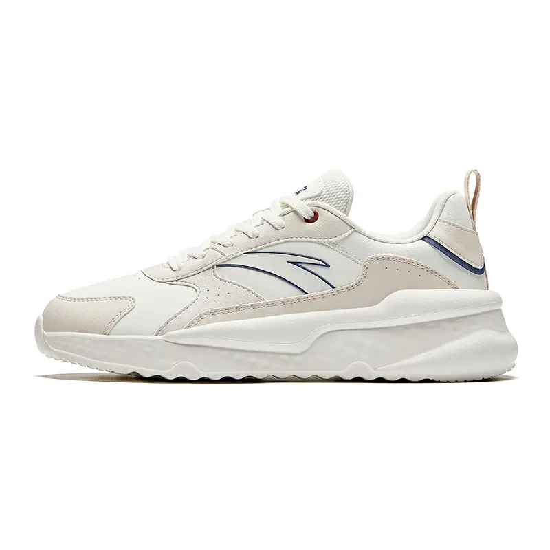 Anta Men's Beige Low-Top Leather Rubber Sneaker - Comfortable, Non-Slip, Wear-Resistant, Cushioned Lifestyle Footwear Trainer with Verifiable Credentials & Global Authentication