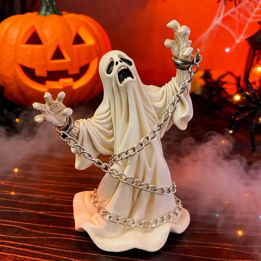 1pc Halloween Resin Chain Ghost Ornament, PrisonStyle Horror Ambiance Creation, Living Room Decor Focal Point Prop, Distressed Painted Craft Exquisite, Vintage Texture Durable, Paired with Pumpkin LanternSpider Web, halloween gift