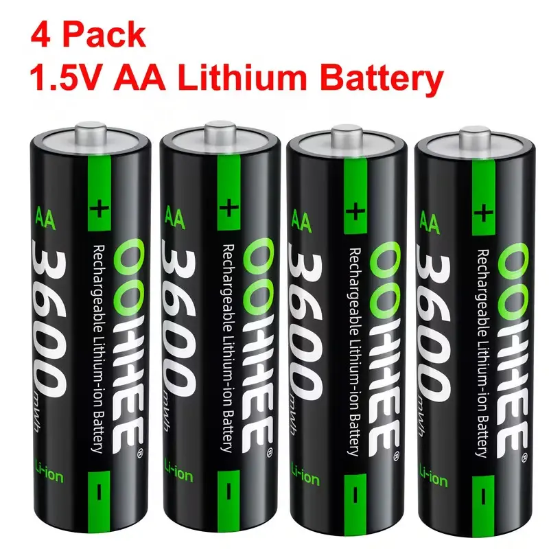 OOHHEE 4 Pack 3600Mwh 1.5V AA Rechargeable Lithium Batteries, Suitable for Daily Home And Office AA Electronic Devices Such As Wireless Microphones, Alarms, Remote Controls, Calculators