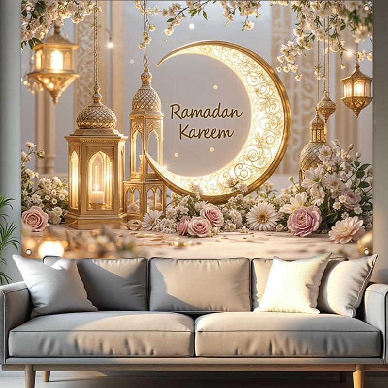 Ramadan Theme Backdrop, 1 Count Elegant Moon & Lantern Pattern Backdrop, Wall Decor for Home Living Room Bedroom, Party Decoration Supplies, Ornaments, Flowers