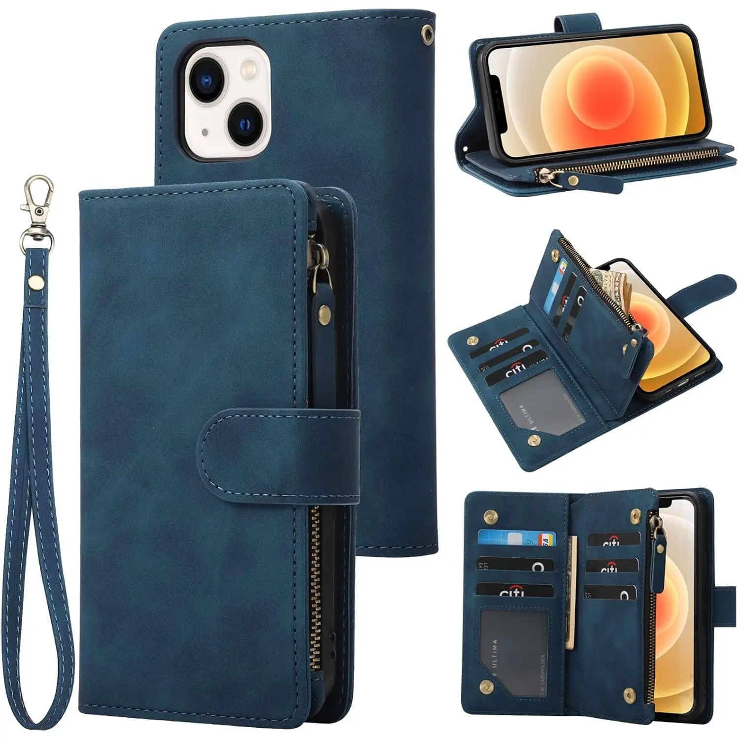 Wallet Case Compatible with  13/14 (6.1 inch),  PU Leather Zipper Flip Folio Wallet RFID Blocking with Wrist Strap  Closure -in Kickstand Protective Case (Blue)