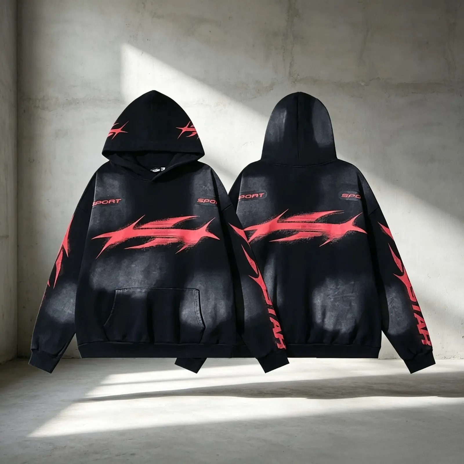 Tribal Gothic Graphic Washed Red Hoodie, 100% Cotton Y2K HELLSTAR Streetwear Pullover, Vintage Graphic Standard Fit Hooded Sweatshirt, Casual Hip Hop Top for Men Women, Fall Winter Fashion