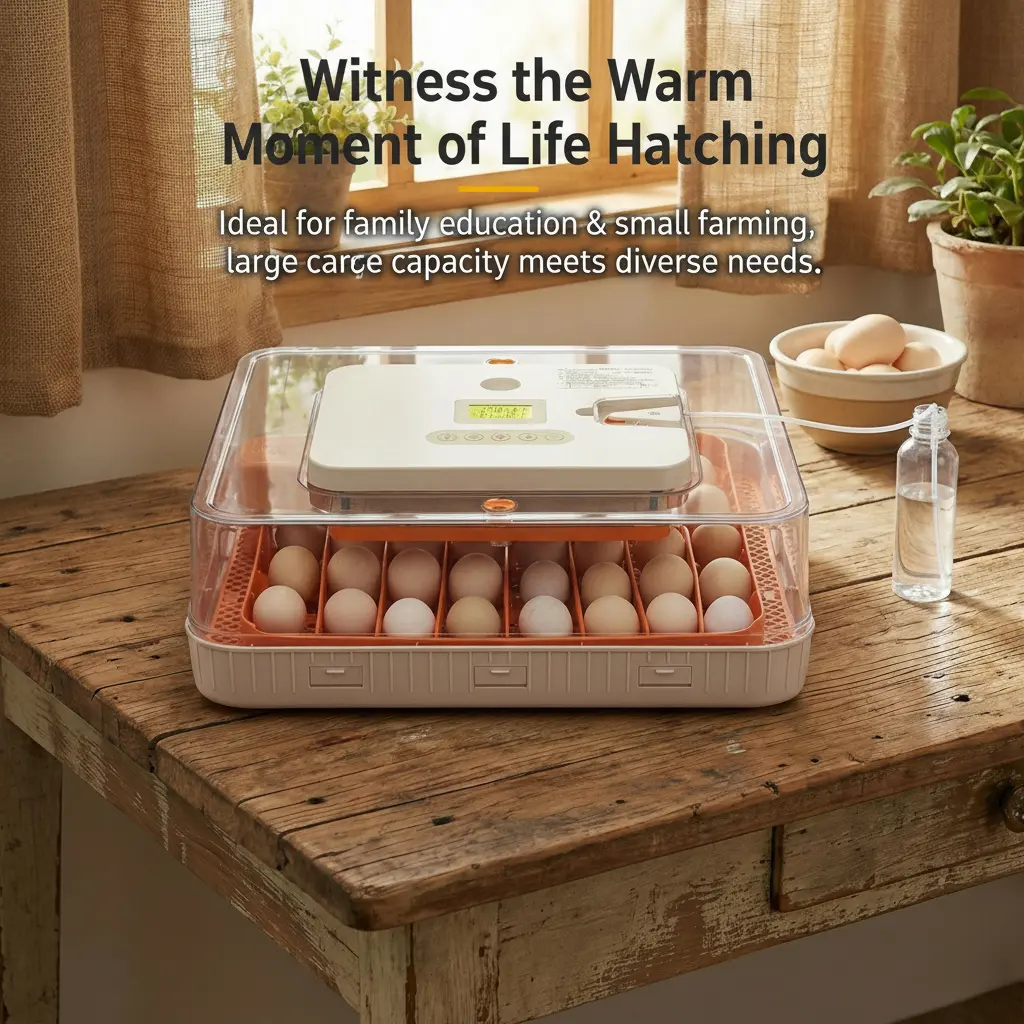 56H 56-Egg Incubator 110V 85W, Fully Automatic Turner, Upgraded LED Candler, Auto Temp & Humidity Control (Fahrenheit Display), ABS+PET Orange-White Body Clear Lid, Multi-Function Strip Egg Tray (US Plug)