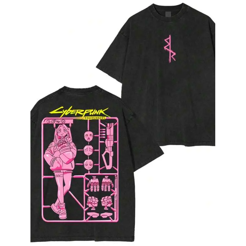 Cyberpunk Edgerunners Anime Graphic Tee Men Washed Cotton Y2K Oversized T Shirt Vintage Acid Wash Japanese Streetwear Harajuku Soft Casual Summer Top Sci Fi Gaming Aesthetic Daily Wear Trending Fashion Outfit
