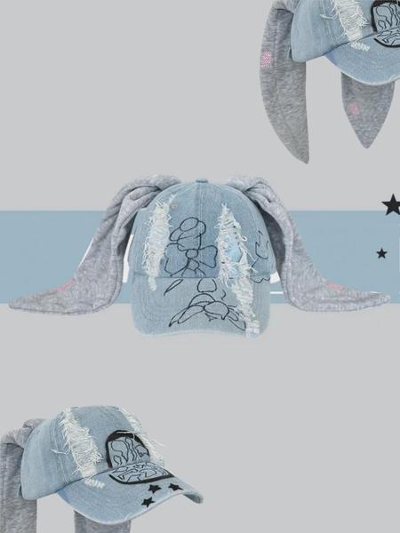 Unisex Wasteland Style Bunny Ear Baseball Cap, Adjustable Snapback Cap, Punk Denim Trucker Hat with Chain, Streetwear Hip Hop Costume for Halloween Party