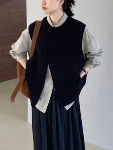 Women's Spring & Fall Asymmetrical Slit Pullover Vest, Minimalist Style Fitted Design, Moderate Fabric Thickness for Casual Wear