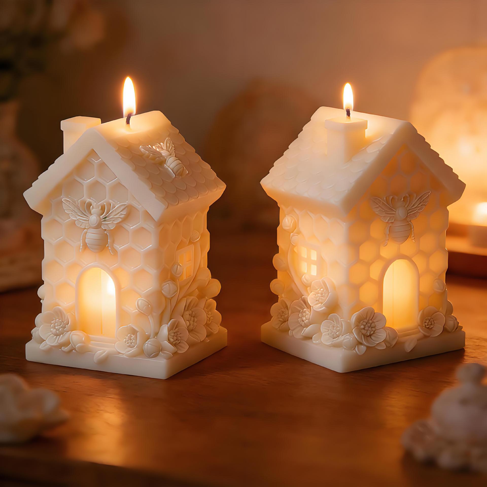 Honeycomb Small House Embossed Flower Candle Mold DIY Honeycomb Hut Shape Multifunctional Aromatherapy Plaster Epoxy Soap Mold Easy To Release Creative Handmade Ornaments
