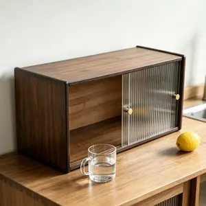 Kitchen Storage Cabinet, Dining Side Cabinet, Dust-Proof Cup Holder, Bamboo Material, Walnut Color, Multi-Purpose Design, Pull-Out Door