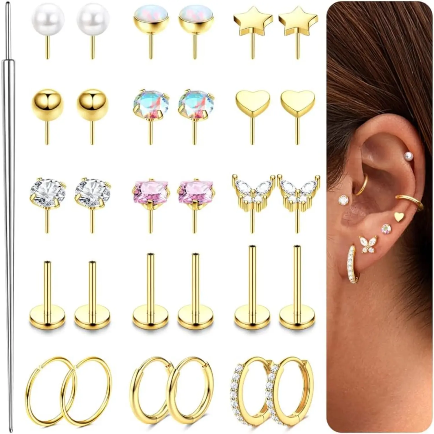 15 Pairs 14K Gold Flat Back Push In Stud Earrings for Women, Surgical Steel 20G 18G Nose Studs & Rings, CZ Cartilage Tragus Helix Conch Labret Lip Rings, Threadless Nose & Ear Piercing Jewelry Set, Flat Back Piercing Jewelry, Helix Stud Piercing Jewelry,
