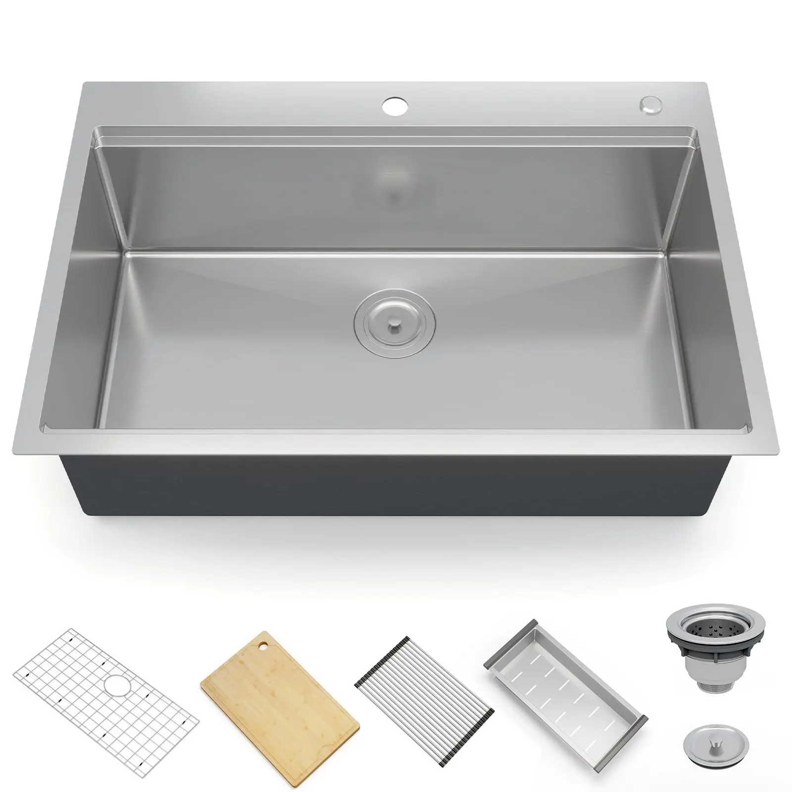 Deluxe Drop-In Kitchen Basin 32x22" – 16 Gauge 304 Stainless Steel, 10" Deep Single Bowl, Flat Bottom, Sound Dampening, Brushed Finish, Includes Bottom Grid, Basket, Drain & Roll-Up Rack – Durable, Easy to Clean, Ideal for Home Renovation