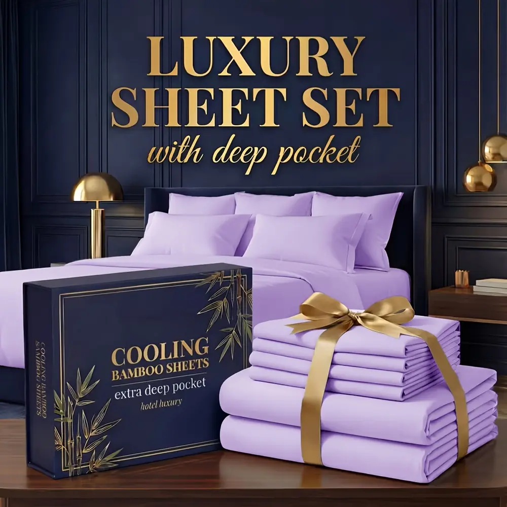MUXHOMO 6pcs Bamboo Cooling Bed Sheets Set -Luxury Sheet Set with Deep Pocket Soft Summer/Winter Bedding with Deep Pocket Fitted Sheet, Flat Sheet & Pillowcases - Kids Bedroom Children's /Adults Room Breathable & Cool All Night
