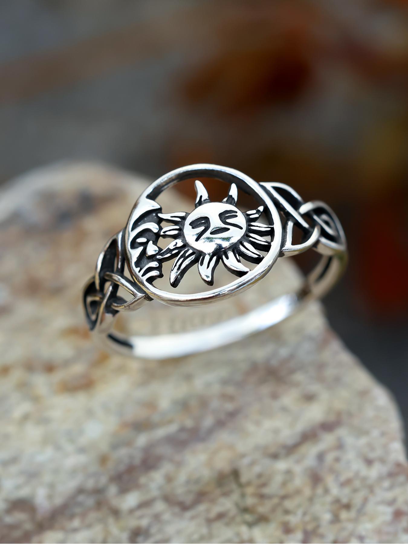 925 Sterling Silver Vintage Hollow Out Sun & Moon Design Cuff Ring, Statement Ring, Fashion Jewelry Accessories for Men & Women, Trendy All-match & Exquisite Jewelry for Birthday Gift