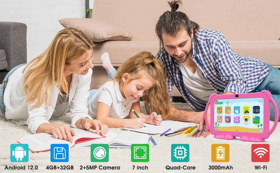 Kids Tablet 7 inch Android 12.0 for Toddler 4GB RAM 32GB ROM Bluetooth IPS Screen Parental Control Dual Camera Shockproof Case Pink Educational Games