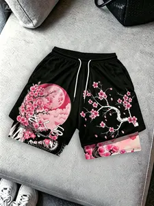 Japanese Style Cherry Blossom Moon Double Layer Mesh Shorts, Dragon Pattern Print, Breathable Basketball Five-Quarter Sports Pants, Breathable Summer Shorts