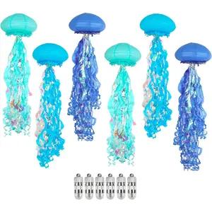 Jellyfish Paper Lanterns with LED Lights Set of 6, Blue Mix Oval  Floating Decorations for Under The Sea Party  Birthday  Classroom Beach Room Aesthetic
