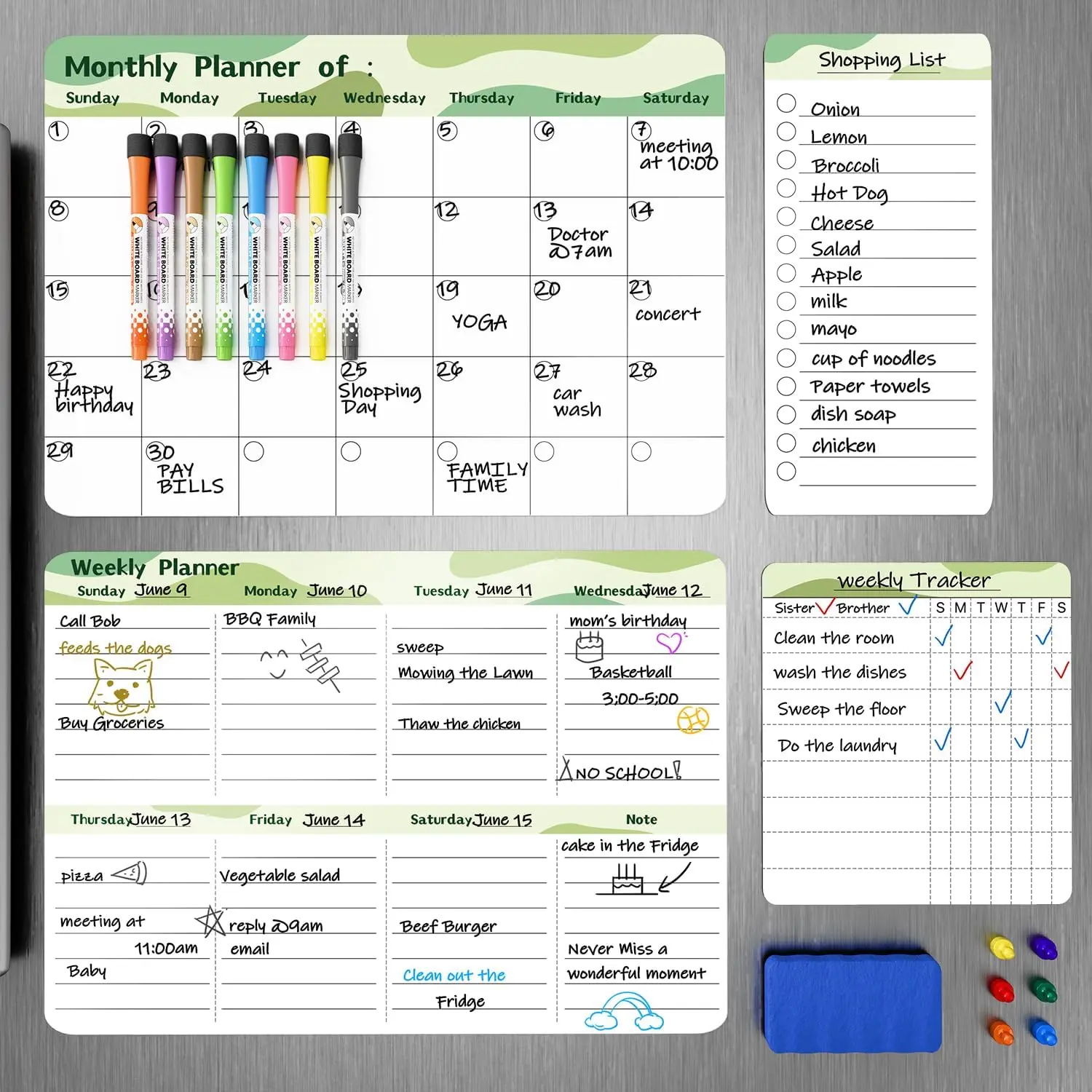 Refrigerator Calendar , 16.3x11.7" (4-Pack) - Weekly & Monthly Planner, Chore Chart, Grocery/to-Do List for Fridge, Includes 8 Markers, 6  & 1 Eraser for Kitchen, Green