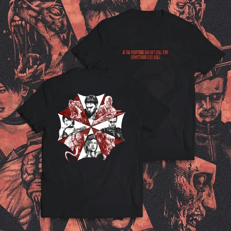 Men's Resident Evil Aesthetic Round Neck Short-Sleeve Crew Neck T-Shirt - Tiny Suspense Quote Front, Big Umbrella Collage Graphic Back, Unisex Menswear Casual Clothes for Gothic Gaming Streetwear, Shortsleeve