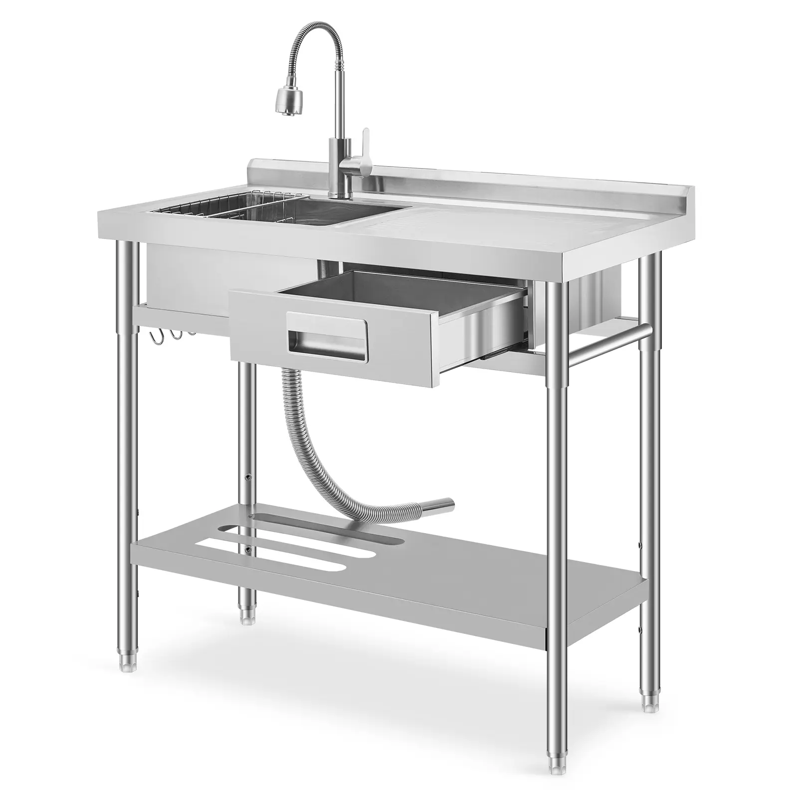 Heavy Duty Stainless Steel Utility Basin - Freestanding Commercial Laundry & Kitchen Basin with Single Bowl, Hot & Cold Faucet, Built-in Ribbed Surface, Drawer, Dish Rack, Deep Basket Strainer - Ideal for Garage, Outdoor, Laundry Room or Shop