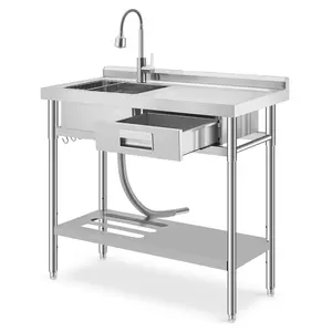 Heavy Duty Stainless Steel Utility Basin - Freestanding Commercial Laundry & Kitchen Basin with Single Bowl, Hot & Cold Faucet, Built-in Ribbed Surface, Drawer, Dish Rack, Deep Basket Strainer - Ideal for Garage, Outdoor, Laundry Room or Shop