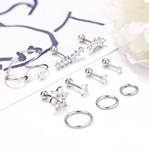 11Pcs 16G/18G Surgical Steel Cartilage Earring Set | Helix, Tragus, Conch Piercing Jewelry | CZ Studs & Hinged Hoops | Hypoallergenic Silver Piercing Kit