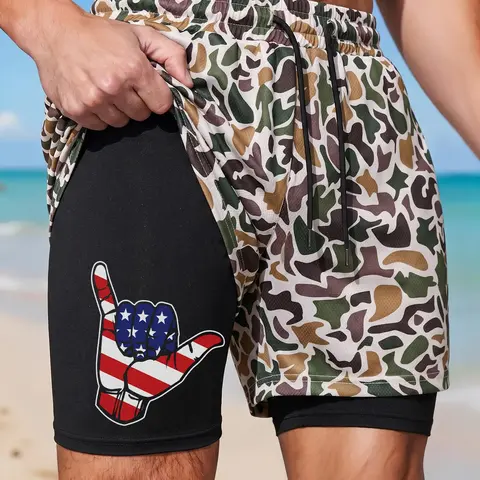 Men's 2-in-1 Quick-Dry, Camo Outer Shorts with American Flag Shaka Printed Compression Liner, Drawstring Elastic Waist Loose-Fit Beach Athletic Swimwear Shorts