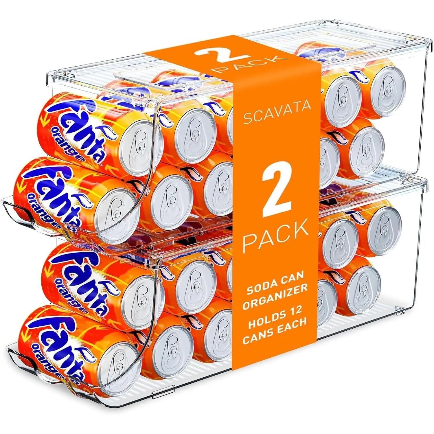 2 Pack Soda Can Organizer for Refrigerator, Stackable Canned Food Pop Cans Container Can Holder Dispenser with Lid for Fridge Rack Freezer, Clear Storage Bins-Holds 12 Cans Each (Clear)