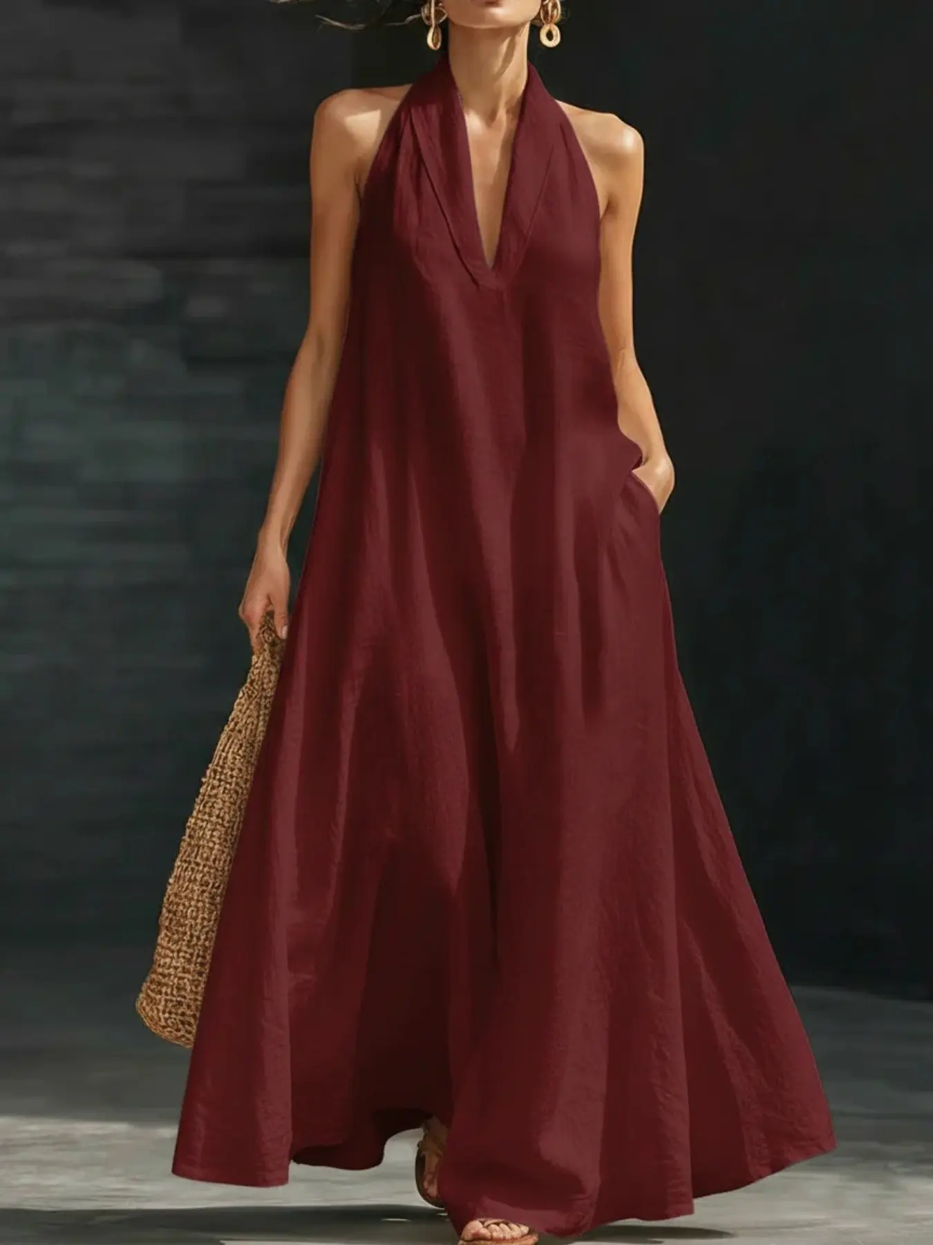 New Arrival Women's Summer Dress, Casual Solid Color V-Neck Midi Dress, Tiktok Fashion Trendy Design, Perfect for Daily Wear & Special Occasions