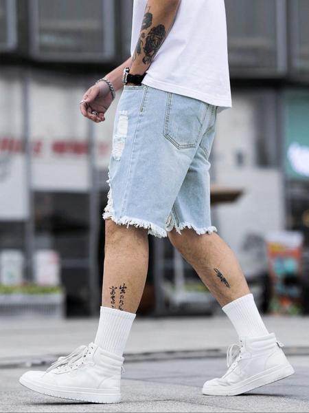 Plus Size Men's Casual Fashion Straight Leg Jeans, Street Style Ripped Denim Shorts, Perfect for Summer Daily Wear
