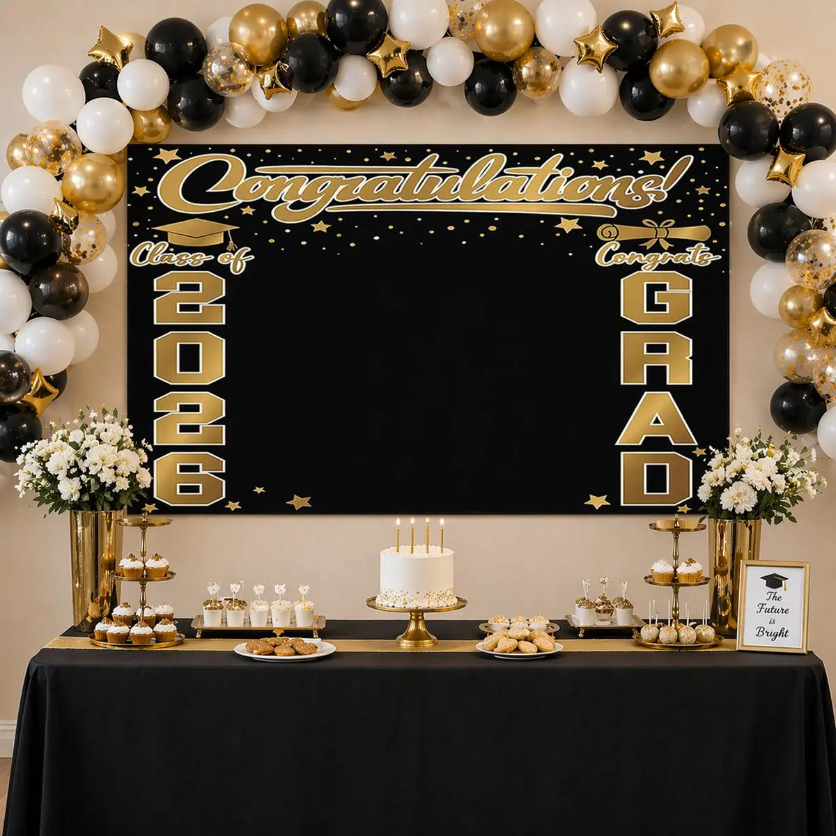 SummerWins Class of 2026 Graduation Backdrop Banner, 82.7x59.1 in Blue Black Gold Luxury Portable Life Size Festive Backdrops & Banners, Congrats Grad Photo Booth Background for Indoor Outdoor Party Decorations, Luxury Festive Backdrops & Banners