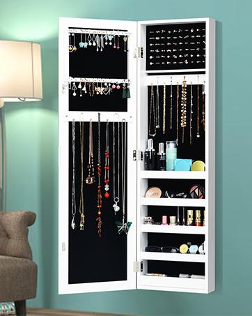 Karl home Jewelry Cabinet Armoire Chest with 4 Drawers, Flip Top Mirror, Top Storage Compartments, 2 Side Doors with 8 Necklace Hooks, 2 Shelves, White Standing Jewelry Organizer Box for Girls Gift