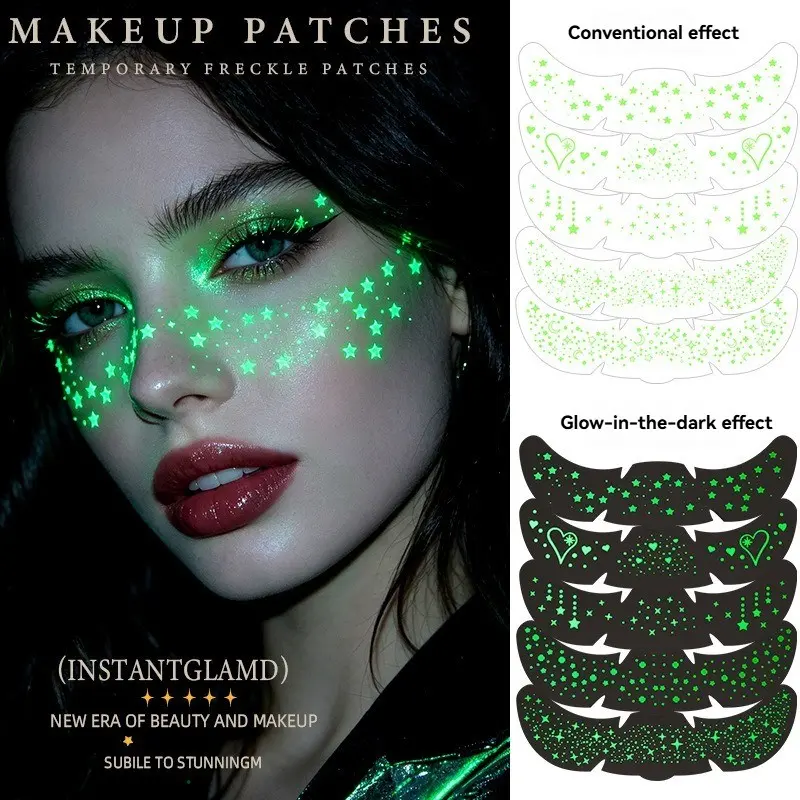 6pcs Glitter Freckles Glow in the Dark Temporary Speckles Tattoo Sticker, Cute Gold Star Nightglow Fake Faux Freckle Makeup Patches, Sparkle Glow Up Face Tattoo for Party, Glitter Face Tattoos