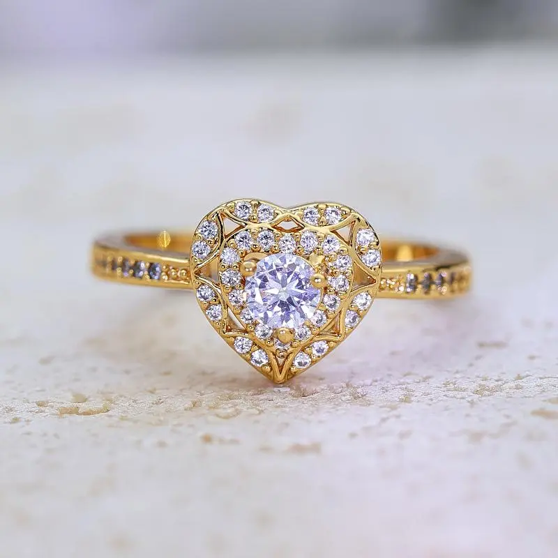 Women's Heart-Shaped Halo Promise Ring - Golden-Tone Pave-Set Statement Band, Elegant Heart Rings, Meaningful Love Gifts for Weddings & Anniversaries, Timeless Costume Jewelry, Promise Rings, Meaningful Gifts