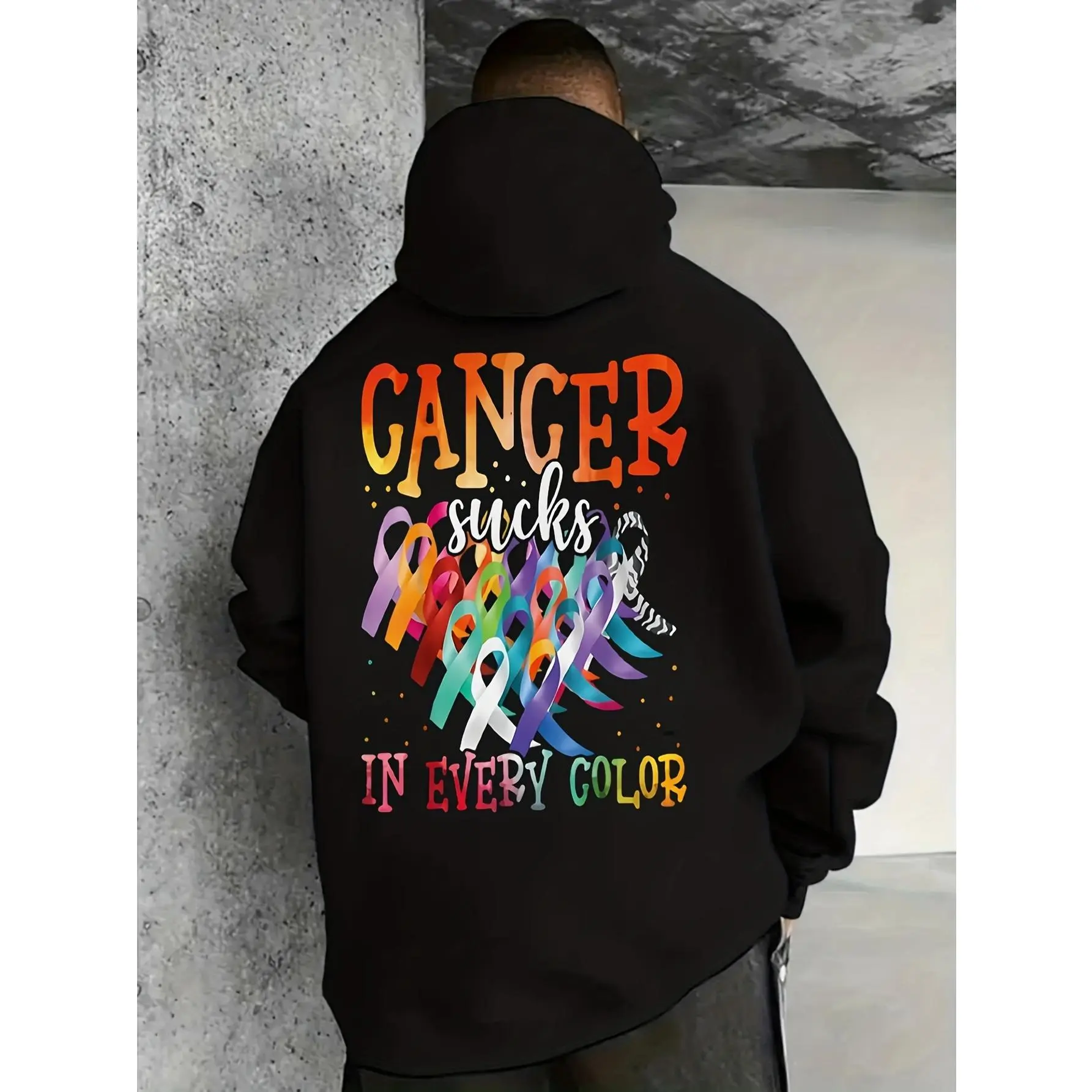 Cancer Sucks in Every Color Hoodie - Unisex Cancer Ribbon & Awareness Design, Cotton Blend Pullover with Kangaroo Pocket, Black & Multicolor Cancer Apparel for Men & Women, Charity Ribbon Symbol Sweatshirt
