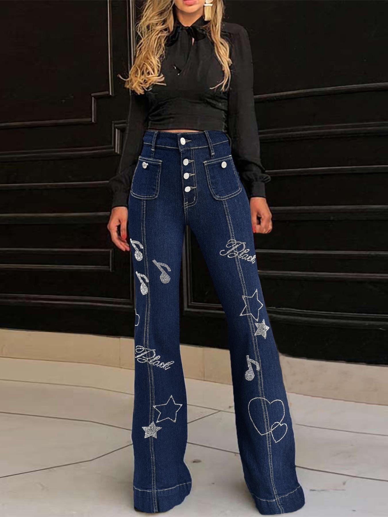 Women's Plain Flare Leg Jeans with Button & Pockets , Casual Bell Bottom Trousers for Daily Wear, Ladies Bottoms for All Seasons