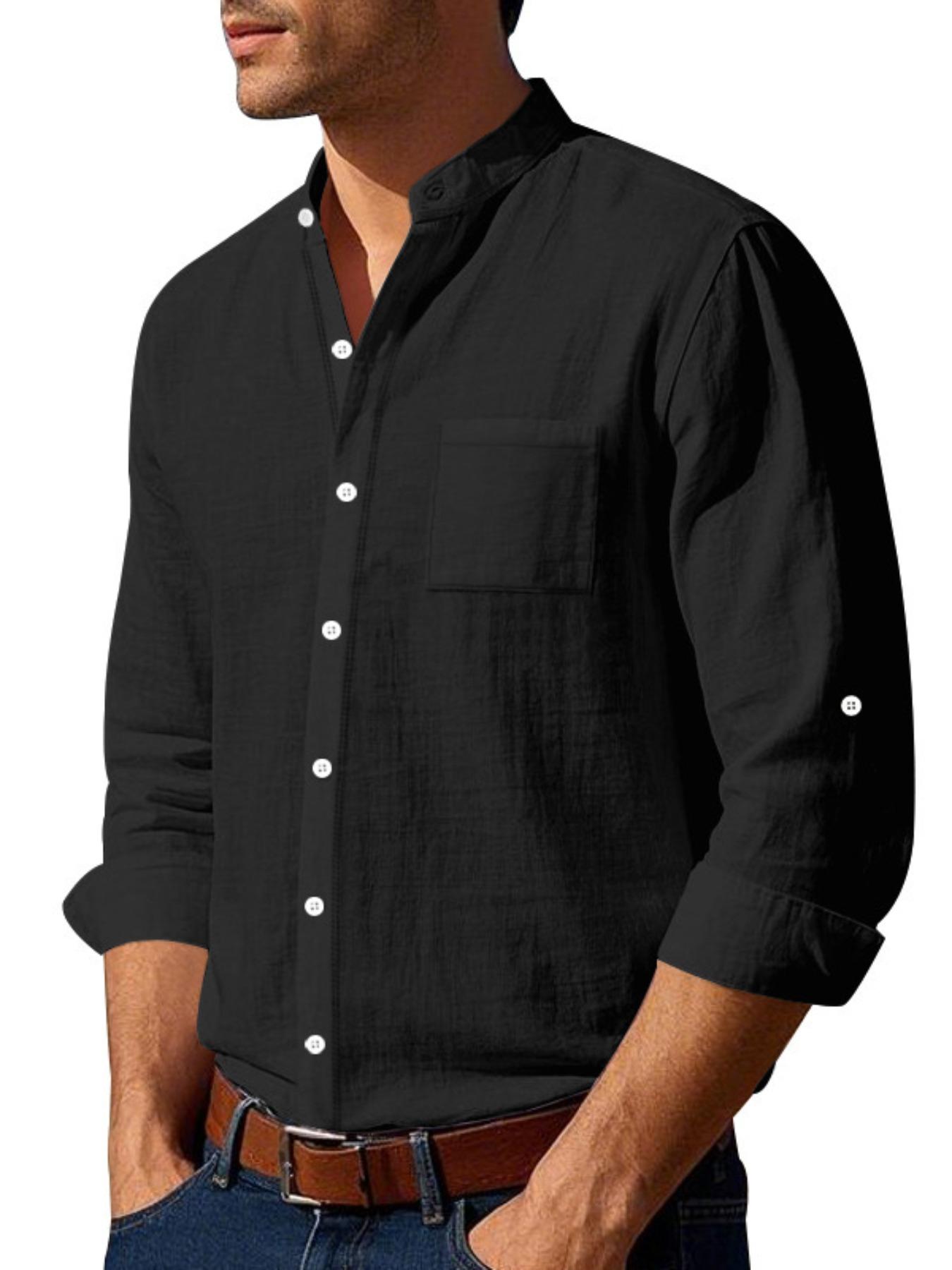 Men's Regular Fit Solid Color Linen Shirt, Casual Long Sleeve Collared Top for Daily Wear, Fashion Comfy Woven Top for Men, Button Up Top, Beige