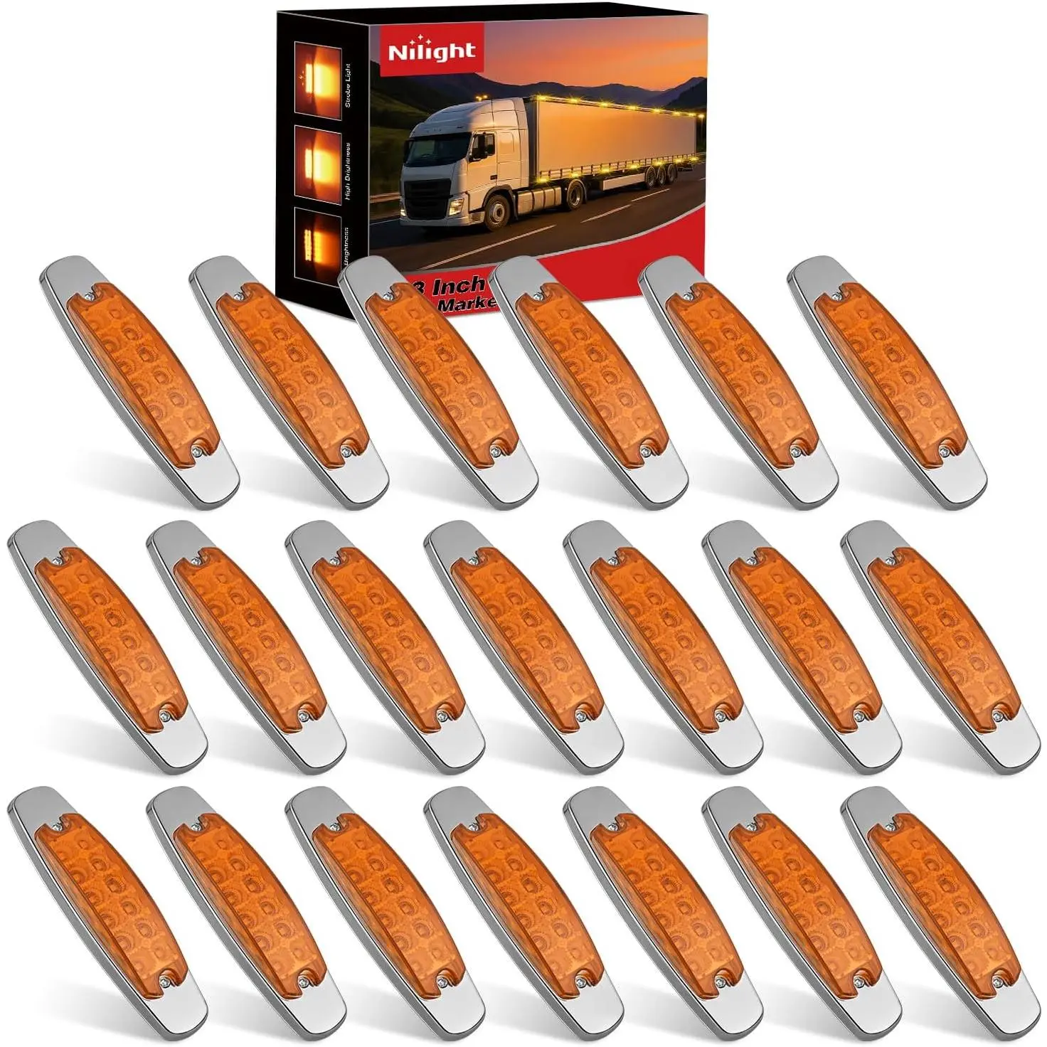 Nilight 20-Pack 6.3in Rectangle Amber Brown Car Side Lights - 12-LED 3-Blinking Modes (High/Low/Strobe), IP67 Waterproof Stainless Steel Chrome Bezel, 12V Surface Mount for Truck Camper Side Lighting, 12 Led Lights