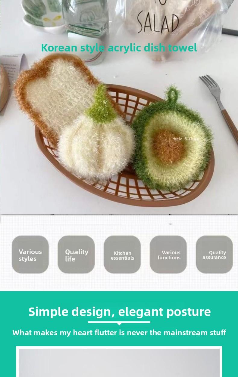 [3-Pack] Kitchen Cleaning Dishcloths Imitation Garlic Bread Dishcloths Avocado Scouring Pads Hand-Woven Cloths Sponges for Efficient Cleaning