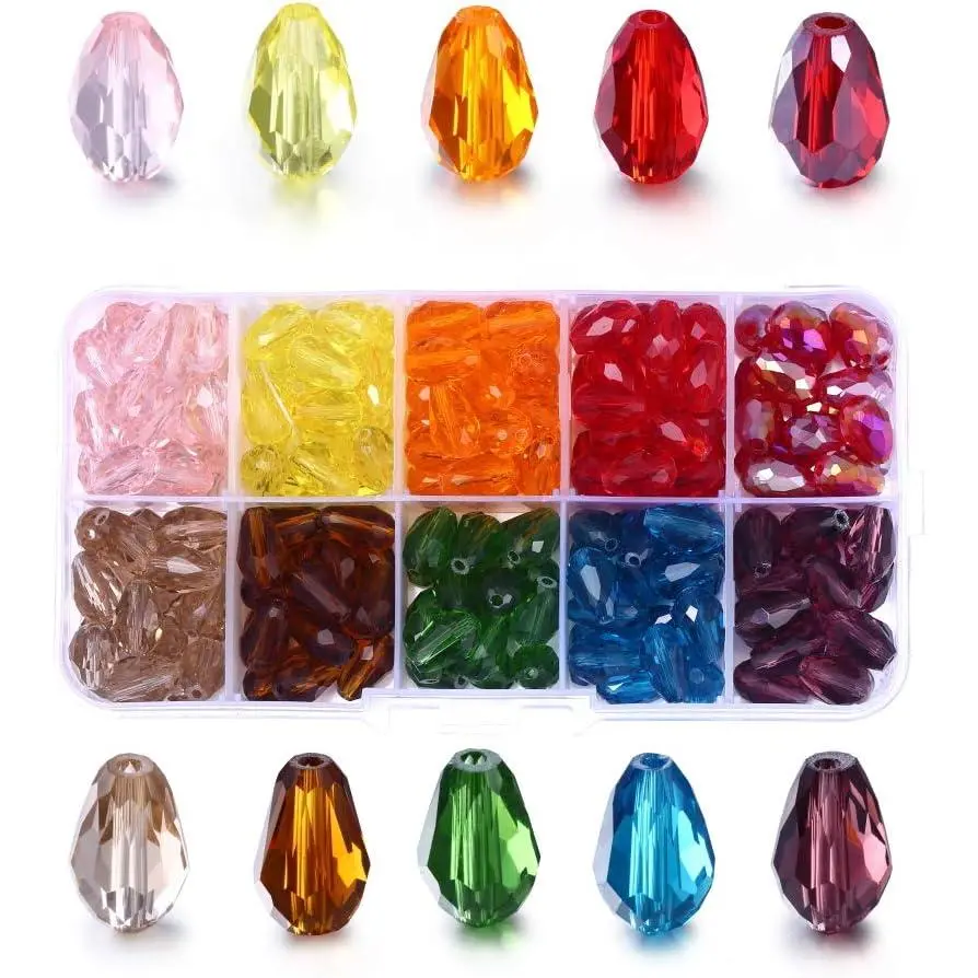 Teardrop Glass Beads for Suncatcher,  200 count 8x11 mm Faceted Straight Vertical Hole AB Rainbow Colorful  Spacer Beads ,Wholesale for DIY Handcrafted Bracelet Necklace