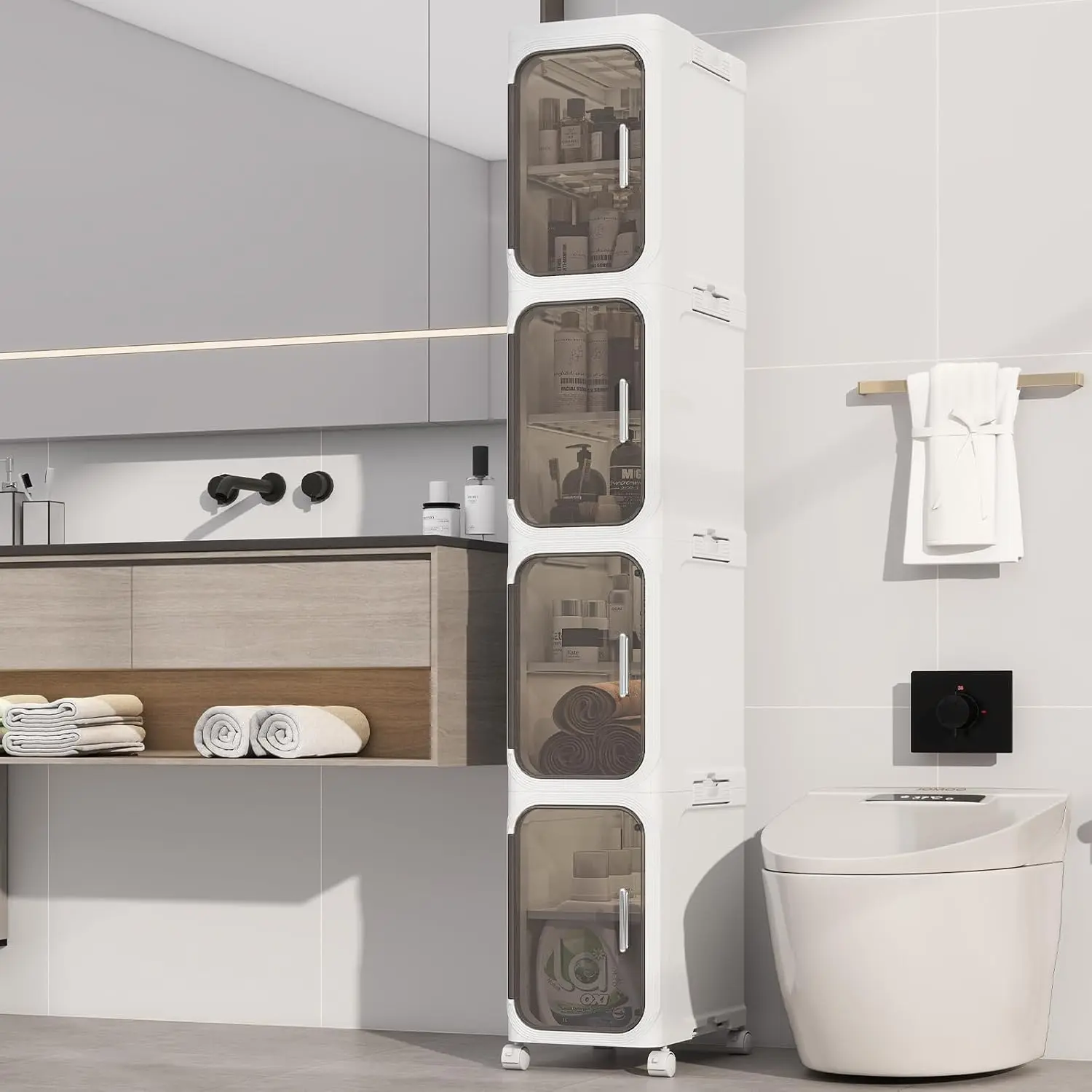 4-Tier Narrow Storage Cabinet Slim Bathroom Tall Skinny Organizer,Beige | Foldable Storage Cabinet with Lockable Rolling Wheels Magnetic Clear Door Adjustable Detachable Shelves For Narrow Space