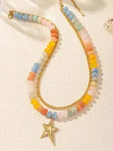 Dopamine Natural Color Bead Star Pendant Necklace, Bohemian Style Baroque Pattern, Summer Beach Accessory, Vacation Essential