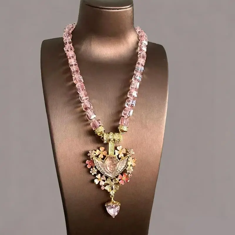 Sweet Angel Pendant Necklace with Pink Beaded Chain, Dreamy Cupid Heart Charm Choker, Elegant Romantic Dainty Jewelry Accessory for Women Girls, Sweet Daily Dating & Party Neck Ornament, Summer Wins Fashion Jewelry