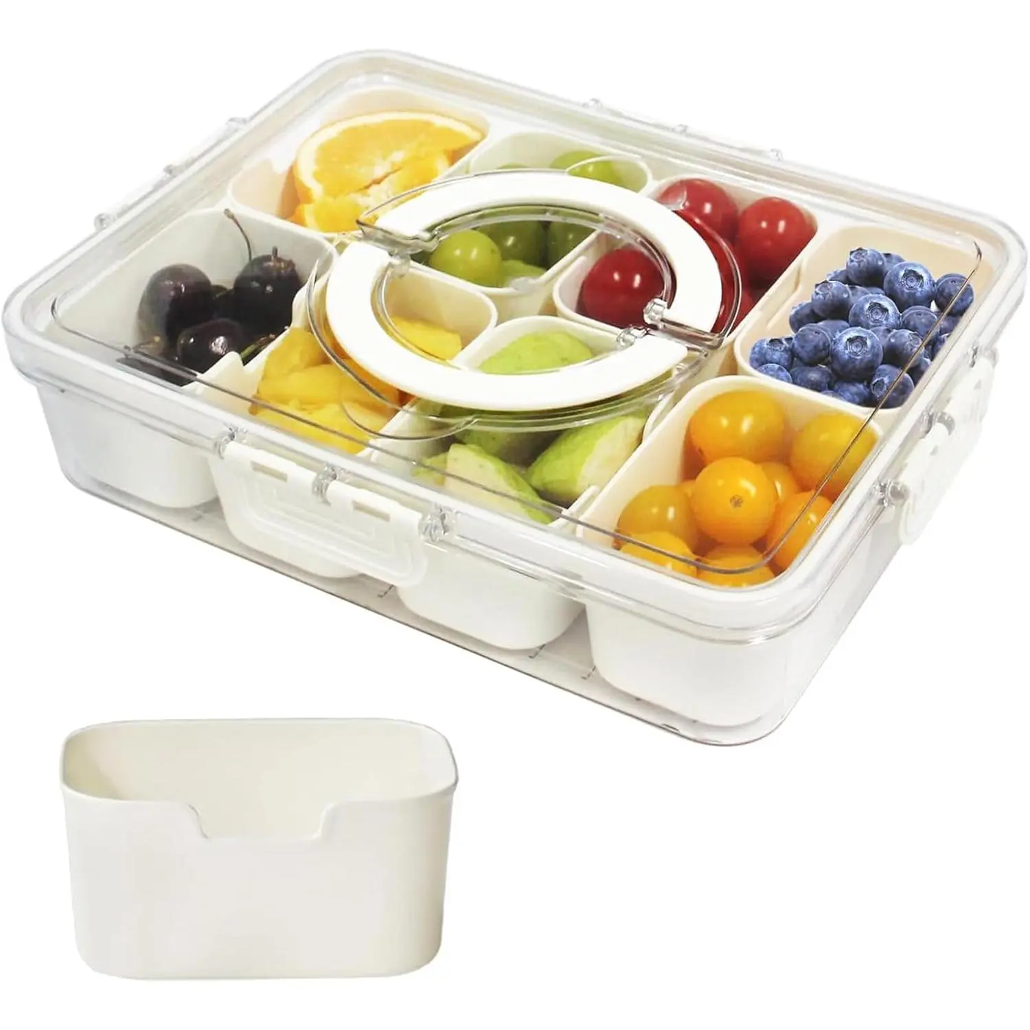 Divided Serving Tray with Lid & Handle, Plastic Portable Food Storage Container Snack Platters, 8 Removable Compartment Box for Parties, Reusable Appetizer Clear Organizer for Veggie, Candy, Fruit,Nut