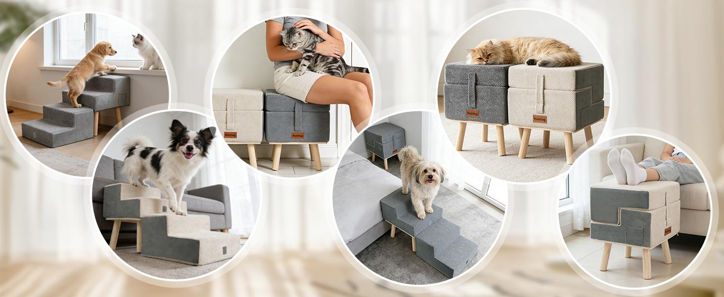 Dog Stairs for Small Dogs and Cats, 4-Step Dog Ramp for Couch and Bed, Foldable 2-in-1 Wooden Pet Steps for Puppy, Split Ottoman Design, Beige