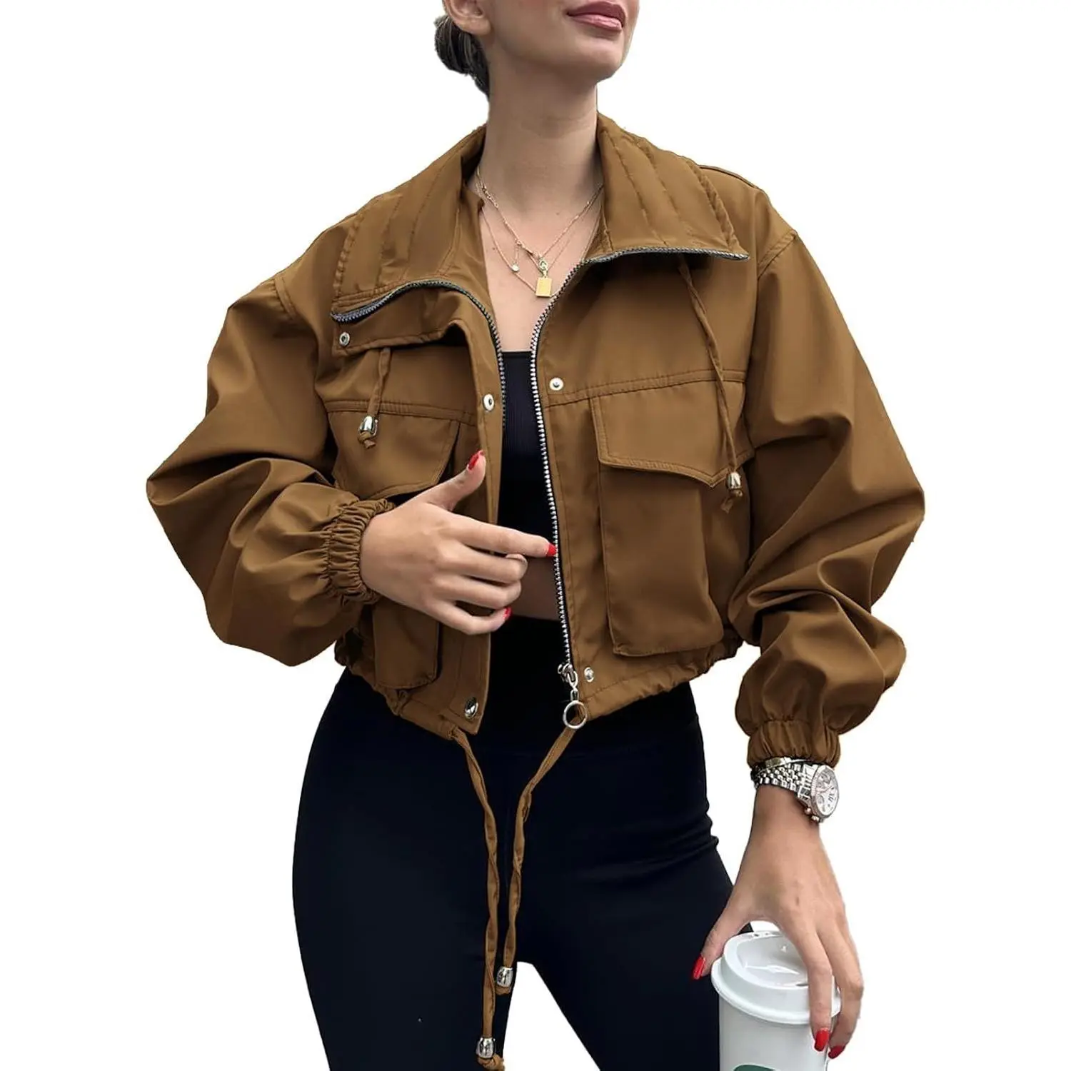 Tankaneo Womens Cropped Jacket Zip Up Lightweight Oversized Utility Anorak Coat with Pockets