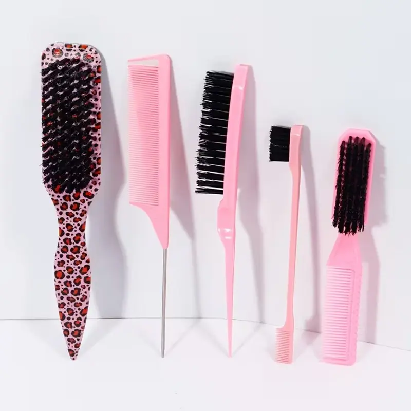 5pcs/set Slick Back Hair Brush Set, Flower Printed, Smoothing Brush for Flyaways, Frizz Control, Ponytail, Buns, Edge Hair Control, Styling Brushes