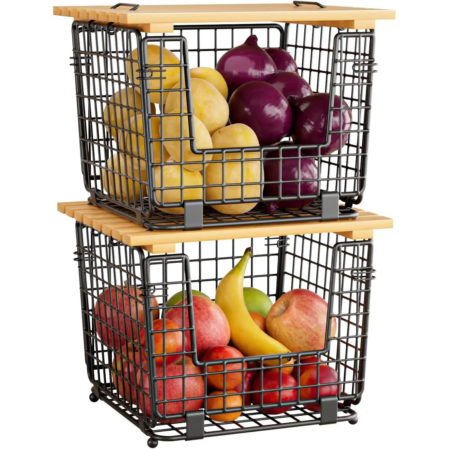 Carbon Steel-Wood Wire Storage Basket with Buckle - Stackable Kitchen Organizer for Produce Storage, Home & Office Supplies, Pet Supply Pantry Bin