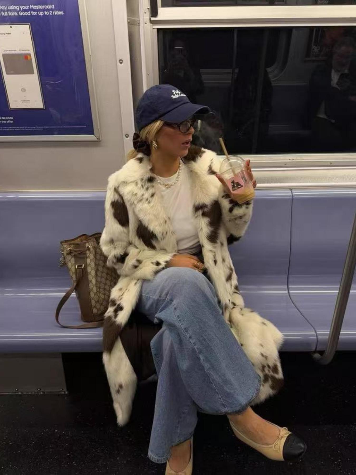 Women's Cow Print Faux Fur Coat, Thick Warm Loose Long Jacket for Fall & Winter, Eco-Friendly Imitation Leather Outerwear