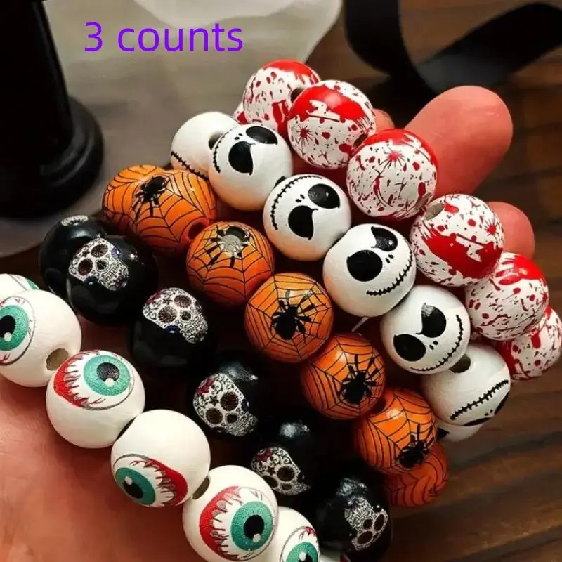 Halloween Bracelets Set, Elastic Handmade Wood Beads Stretch Rings, Gothic Punk Design, Party Accessories, Perfect for Holiday Celebrations